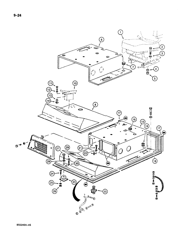 Схема запчастей Case 125B - (9-024) - SEAT MOUNTING, AND FLOOR PLATE, P.I.N. 74251 THROUGH 74630 (09) - CHASSIS