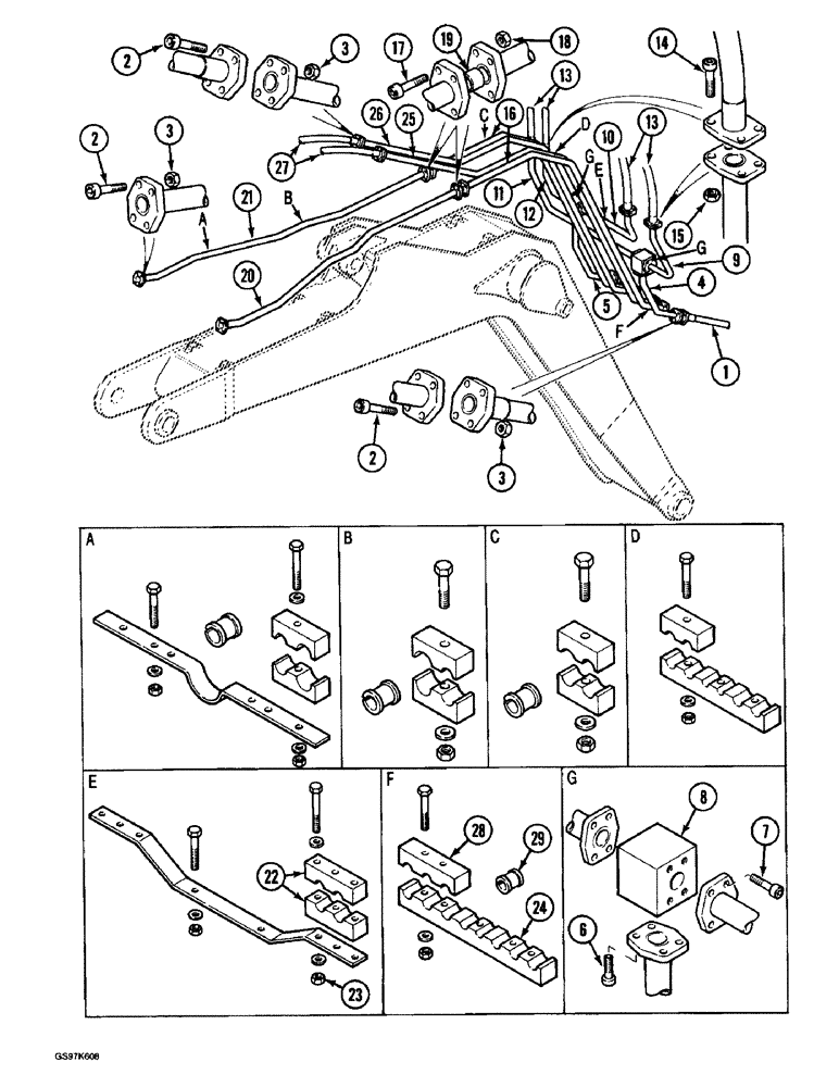 Схема запчастей Case 220B - (8-094) - BOOM ARM AND TOOL CYLINDER CIRCUITS, TUBES & CLAMPS AT BOOM, PIN 74441-74597, PIN. 03201 & AFT (08) - HYDRAULICS