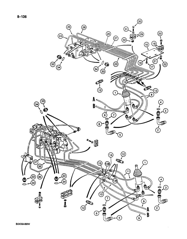 Схема запчастей Case 125B - (8-136) - HYDRAULIC CIRCUIT FOR CONTROLS, TO MAIN CONTROL VALVES, P.I.N. 74631 THROUGH 74844 (08) - HYDRAULICS