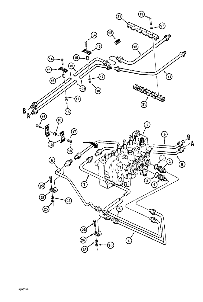 Схема запчастей Case 1150G - (8-022) - ANGLE HYDRAULIC CIRCUIT, VALVE TO GRILLE, PRIOR TO JJG0218023 AND JJG0218024 - JJG0218478 (07) - HYDRAULIC SYSTEM