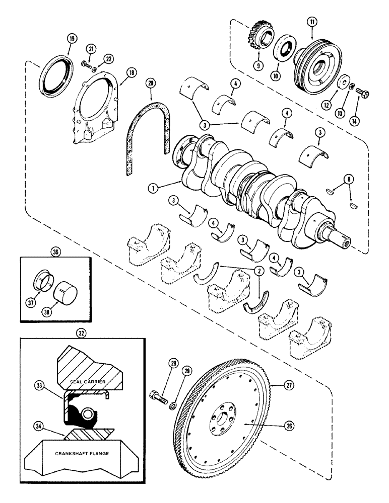 Схема запчастей Case 780 - (052) - CRANKSHAFT & FLYWHEEL, 336BDT DSL ENG, ENG SN 10151968 & AFT USED W/FRONT MOUNTED OIL PUMP (02) - ENGINE