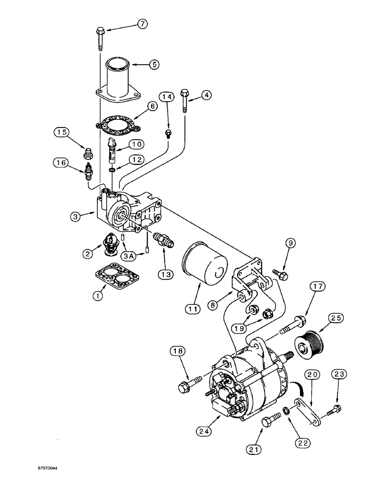 Схема запчастей Case 9045B - (2-30) - THERMOSTAT HOUSING AND ALTERNATOR MOUNTING, 6T-830 EMISSIONS CERTIFIED ENGINE (02) - ENGINE