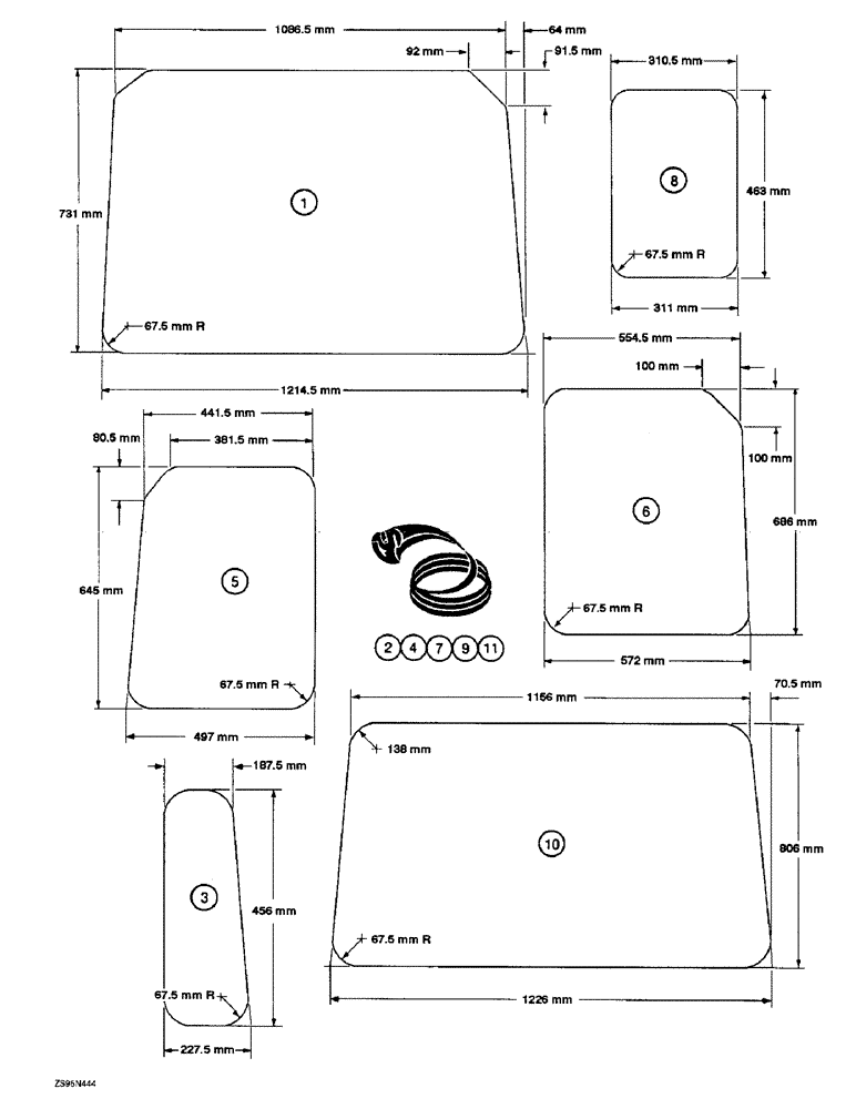 Схема запчастей Case 1150E - (9-092) - ROPS CAB GLASS, METRIC DIMENSIONS (09) - CHASSIS/ATTACHMENTS