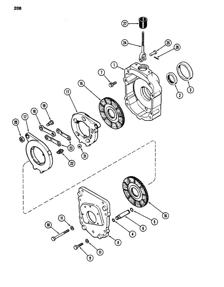 Схема запчастей Case 480D - (208) - TRANSAXLE DIFFERENTIAL BRAKE HOUSING AND BRAKE, TRANSMISSION S/N 16270319 AND AFTER (33) - BRAKES & CONTROLS