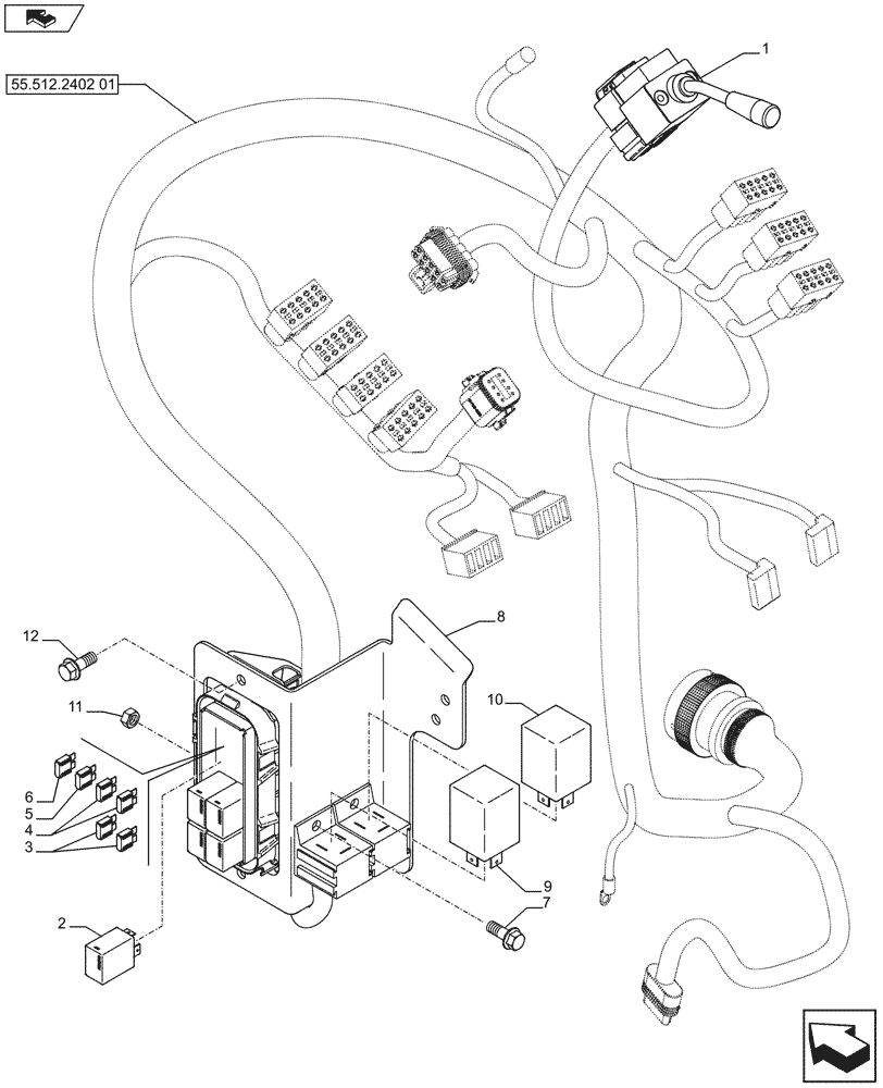 Схема запчастей Case 580SN WT - (55.512.2402[02]) - INSTRUMENT PANEL, FUSE BOX (OPTION) - TRANSMISSION (STANDARD) (55) - ELECTRICAL SYSTEMS