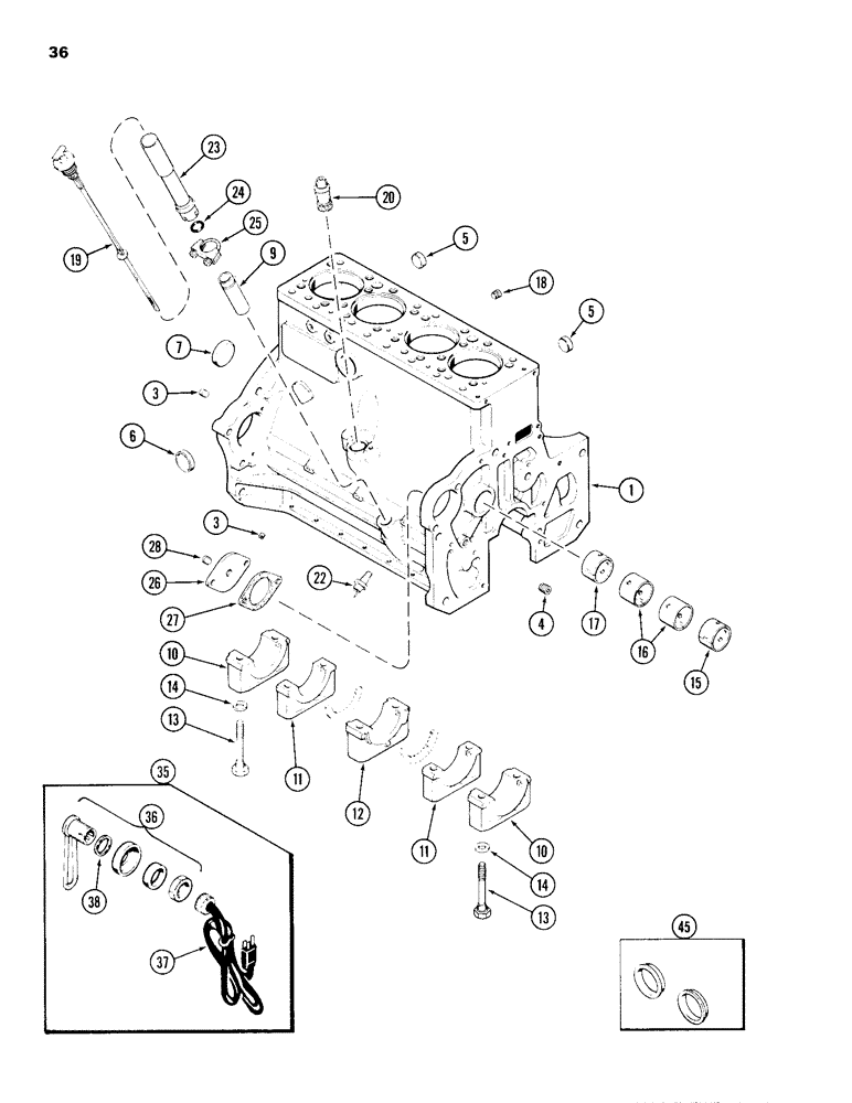 Схема запчастей Case 680H - (036) - CYLINDER BLOCK, 336BD DIESEL ENGINE, BLOCK HEATER (02) - ENGINE