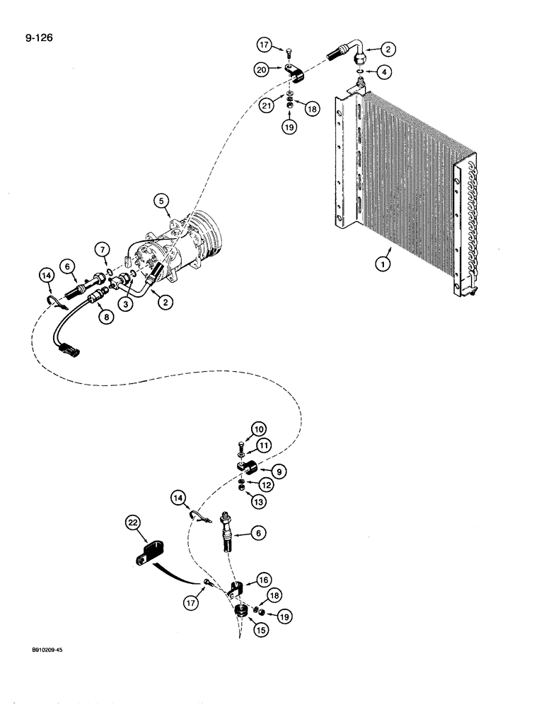 Схема запчастей Case 780D - (9-126) - AIR CONDITIONING RETURN LINES, CAB TO COMPRESSOR AND CONDENSOR (09) - CHASSIS/ATTACHMENTS
