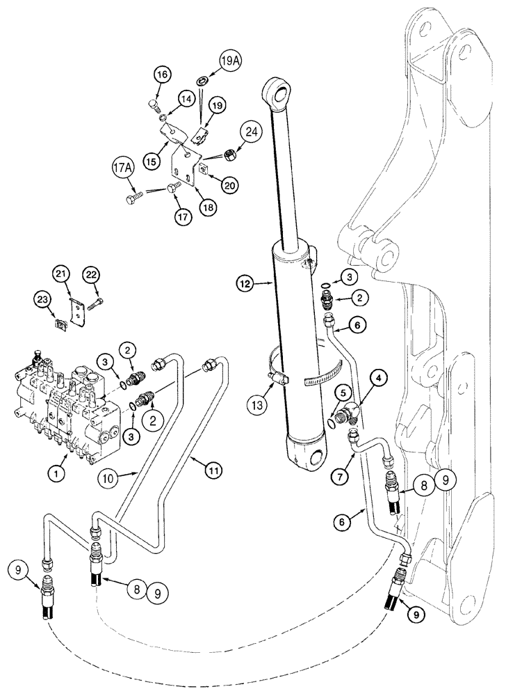 Схема запчастей Case 90XT - (08-63) - HYDRAULIC SYSTEM BACKHOE DIPPER CYLINDER NORTH AMERICA, D125 BACKHOE W/ TUBES AT CONTROL VALVE (08) - HYDRAULICS