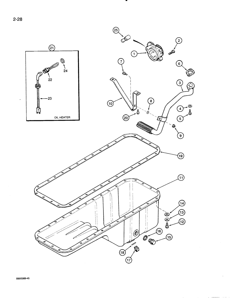 Схема запчастей Case 821 - (2-028) - ENGINE OIL PUMP, PAN, AND HEATER, 6T-830 ENGINE (02) - ENGINE