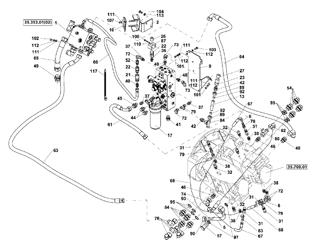 Схема запчастей Case DV213 - (35.353.01[01]) - HYDRAULIC TRAVEL CIRCUIT (GROUP 350-ND135214) (35) - HYDRAULIC SYSTEMS