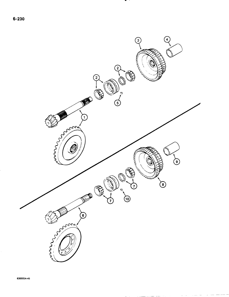 Схема запчастей Case 1455B - (6-230) - TRANSMISSION BEVEL PINION SHAFT AND GEAR, 1450B LOADER TRANS - G104460 W/O PLANETARY FINAL DRIVE (06) - POWER TRAIN