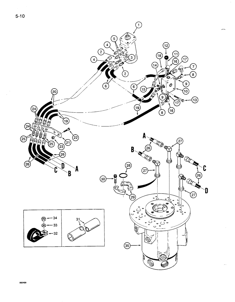 Схема запчастей Case 1086B - (5-010) - STEERING HYD. CIRCUIT,STEERING CNTRL. VALVE TO SWIVEL UNITS W/SPLIT FLANGE TUBE PORTS ON HYD. SWIVEL (05) - STEERING