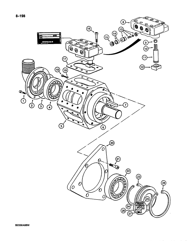 Схема запчастей Case 125B - (8-198) - HYDRAULIC PUMP, P.I.N. 74251 THROUGH 74963, 21801 THROUGH 21868, 26801 AND AFTER (08) - HYDRAULICS