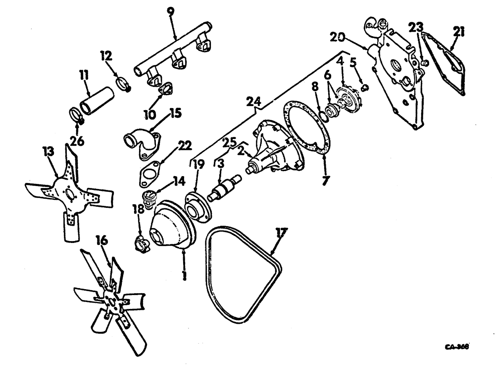 Схема запчастей Case 3400 - (108) - FAN, THERMOSTAT AND WATER PUMP (10) - ENGINE