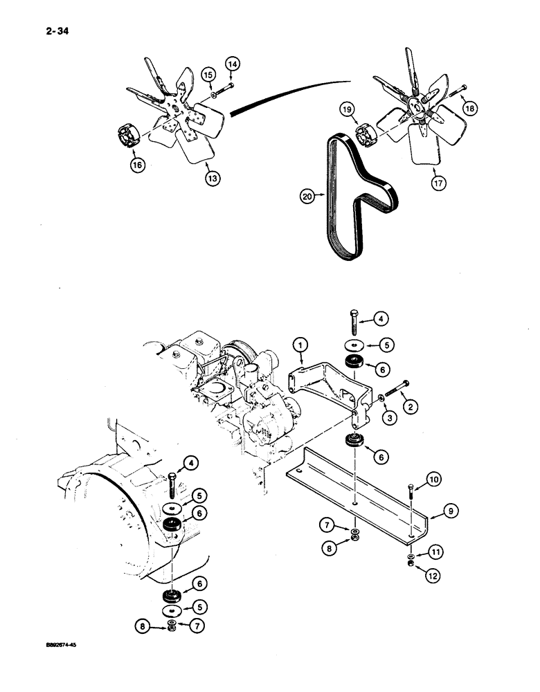 Схема запчастей Case 650 - (2-34) - ENGINE MOUNTING, FAN, AND FAN BELT (02) - ENGINE