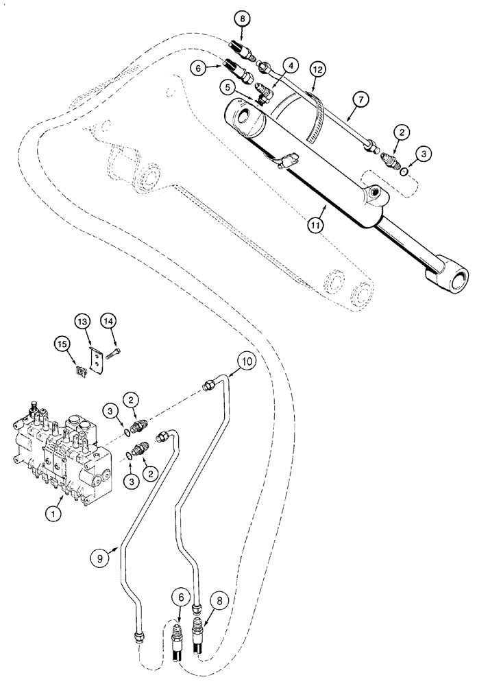 Схема запчастей Case 90XT - (08-65) - HYDRAULIC SYSTEM BACKHOE BUCKET CYLINDER NORTH AMERICA, D125 BACKHOE W/ TUBES AT CONTROL VALVE (08) - HYDRAULICS