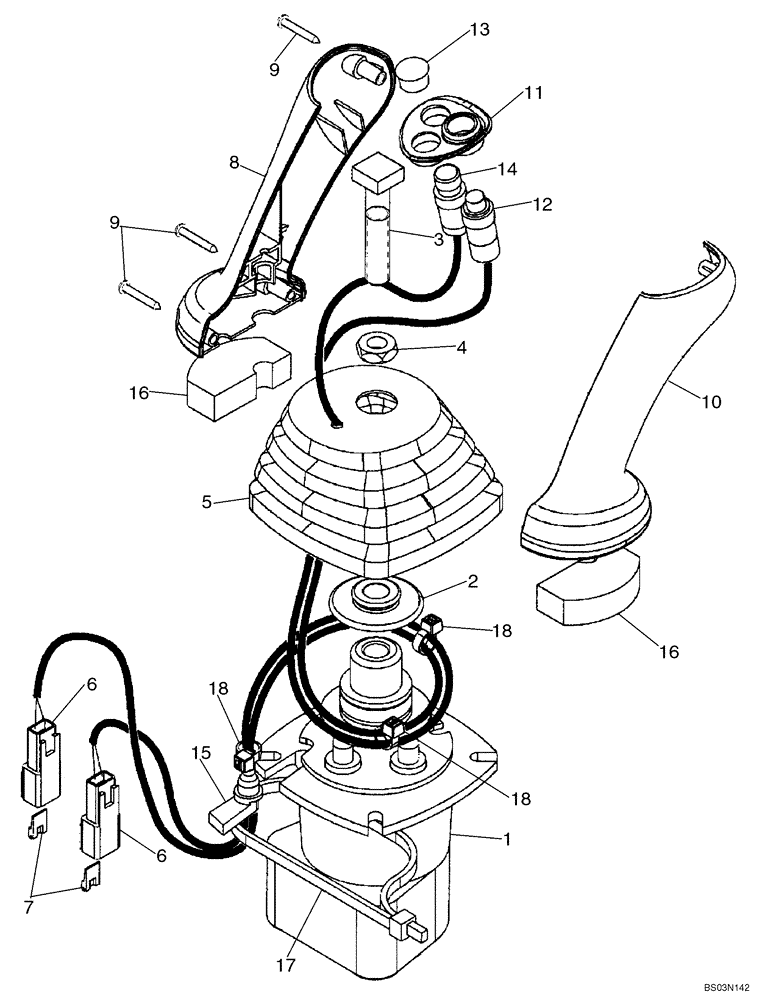 Схема запчастей Case 580M - (08-51) - VALVE, JOYSTICK (PILOT CONTROLS) (LEFT-HAND) WITH HORN & UNI-DIRECTIONAL BUTTONS (08) - HYDRAULICS