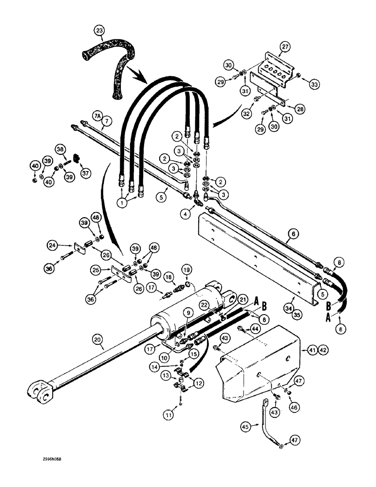 Схема запчастей Case 1155E - (8-042) - DOZER TILT AND PITCH HYDRAULIC CIRCUIT, ANGLE TILT PITCH DOZER MODELS TUBES TO GRILLE (08) - HYDRAULICS