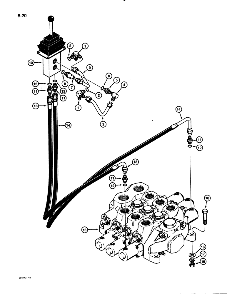 Схема запчастей Case W30 - (8-20) - REMOTE LOADER CONTROL CIRCUIT, TWO SPOOL REMOTE CONTROL VALVE LINES USED ON MODELS W/ ALLISON TRANS. (08) - HYDRAULICS