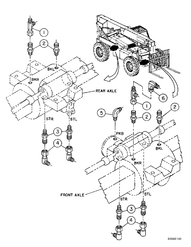 Схема запчастей Case 686GXR - (5-12) - STEERING AND BRAKE LINE ADAPTERS AT AXLES (05) - STEERING