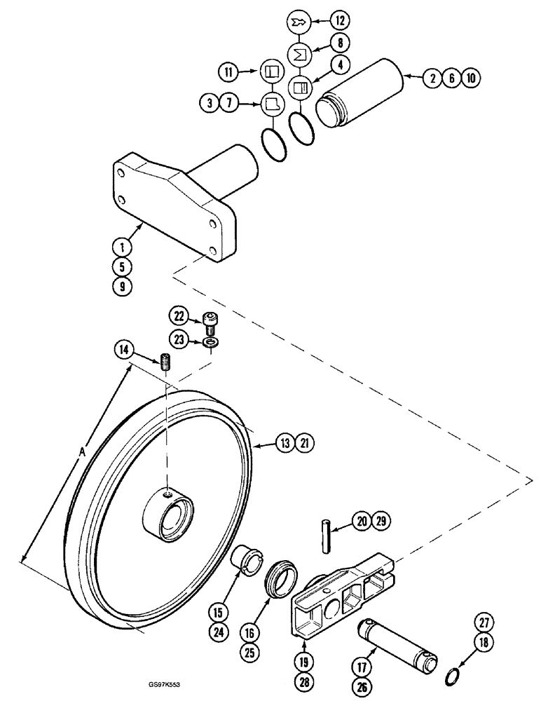 Схема запчастей Case 220B - (5-10) - TRACK IDLR & ADJSTMT CYLDR,W/ 710 MM (27-15/16") IDLR WHL DIMENSION,PIN 74593-74597, PIN 03201 & AFT (11) - TRACKS/STEERING