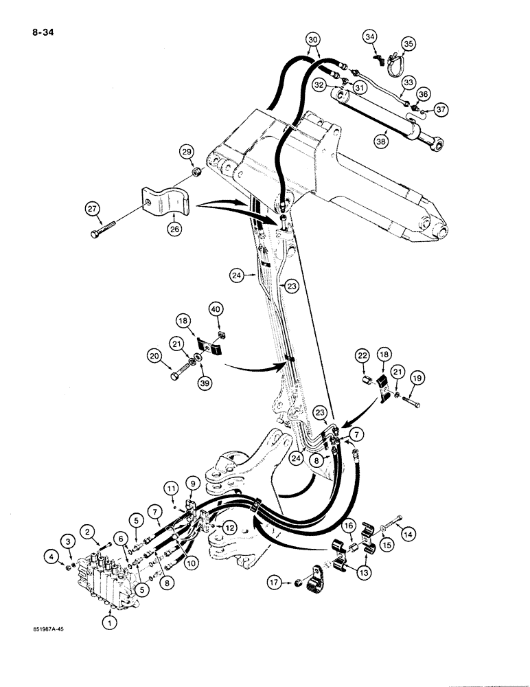 Схема запчастей Case 480E - (8-034) - BACKHOE BUCKET CYLINDER HYDRAULIC CIRCUIT, MODELS WITH EXTENDABLE DIPPER 480E MODELS ONLY (08) - HYDRAULICS