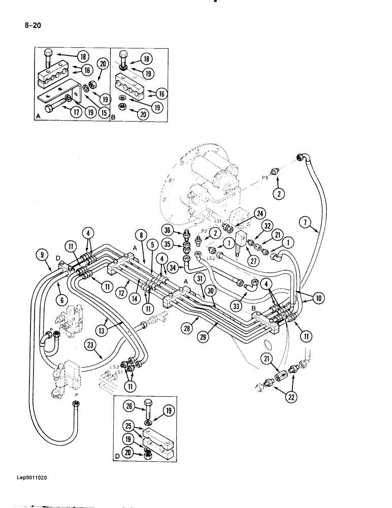 Схема запчастей Case 888 - (8-020) - HYDRAULIC PUMP LINES, PUMP TO SWING VALVE, SOLENOID VALVE AND SWIVEL, P.I.N. FROM 15314 TO 15342 (08) - HYDRAULICS