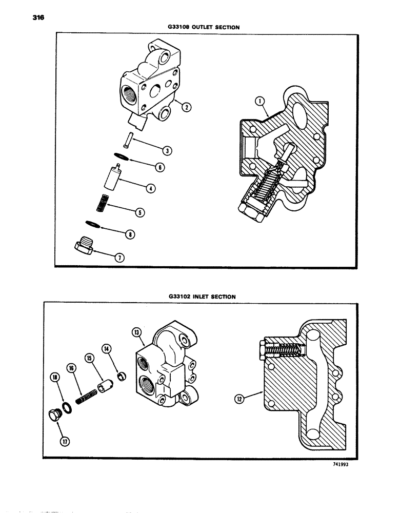 Схема запчастей Case 680E - (316) - BACKHOE CONTROL VALVE, OUTLET SECTION, INLET SECTION (35) - HYDRAULIC SYSTEMS