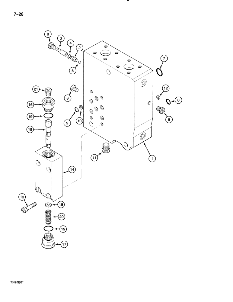 Схема запчастей Case 888 - (7-028) - DRIVE CONTROL VALVE, BRAKE RELEASE VALVE, INLET AND OUTLET SECTION, P.I.N. FROM 74213 AND AFTER (07) - BRAKES