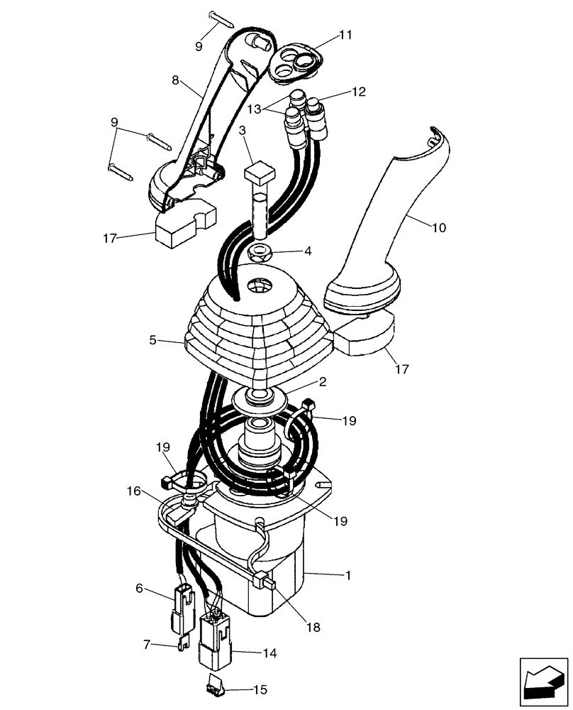 Схема запчастей Case 580SM - (35.150.15[02]) - VALVE, JOYSTICK (PILOT CONTROLS) (LEFT-HAND) WITH HORN & BI-DIRECTIONAL BUTTONS (35) - HYDRAULIC SYSTEMS