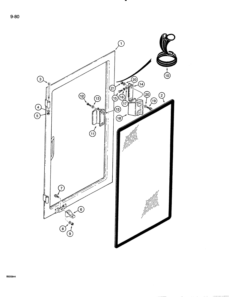 Схема запчастей Case 821 - (9-080) - RIGHT-HAND CAB WINDOW, CABS WITH PLASTIC LATCHES FOR WINDOW (09) - CHASSIS/ATTACHMENTS