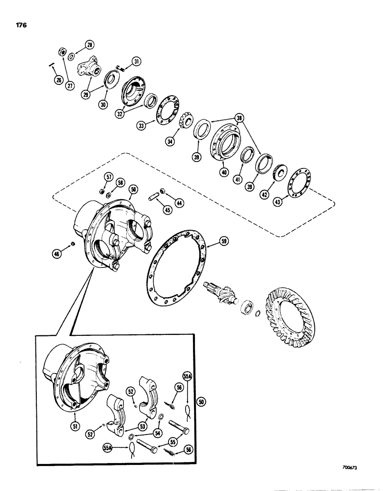 Схема запчастей Case W26B - (176) - L40081 REAR AXLE DIFFERENTIAL, DRIVE SHAFT YOKE, CAGE AND CARRIER (06) - POWER TRAIN