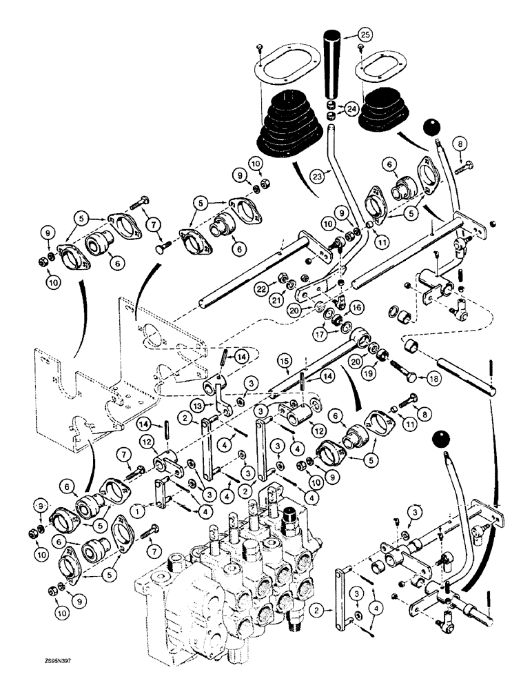 Схема запчастей Case 1155E - (8-102) - EQUIPMENT CONTROL VALVE AND LEVERS, THREE LEVERS - FOUR SPOOL VALVE PIN JAK0008634 & AFT (08) - HYDRAULICS