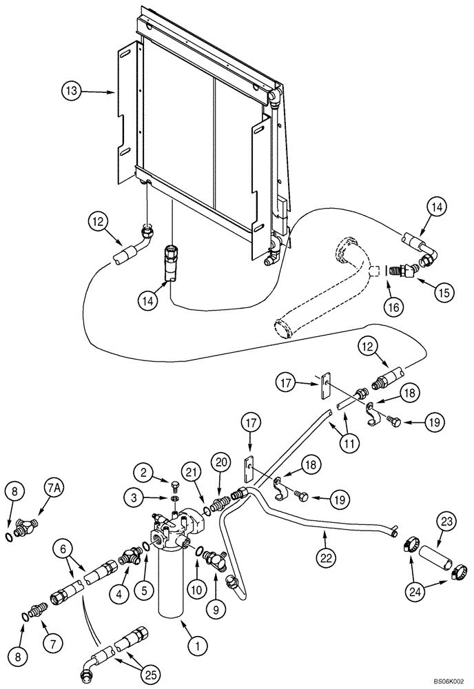 Схема запчастей Case 580SL - (8-008) - EQUIPMENT HYDRAULIC SYSTEM, OIL COOLER LINES, RETURN LINES, & FILTER, W/ FLARED FITTINGS AT COOLER (08) - HYDRAULICS