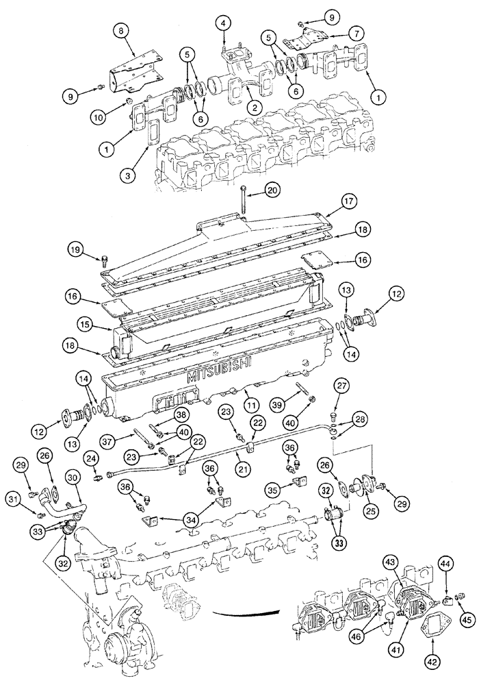 Схема запчастей Case 9060 - (2-18) - EXHAUST MANIFOLD AND RELATED PARTS, INTERCOOLER (02) - ENGINE