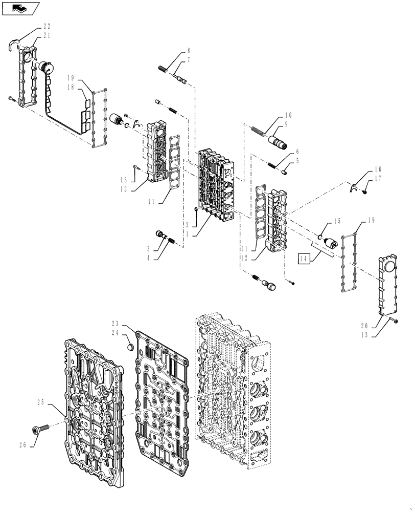 Схема запчастей Case 521F - (21.155.08) - TRANSMISSION CONTROL VALVE ASSEMBLY (21) - TRANSMISSION