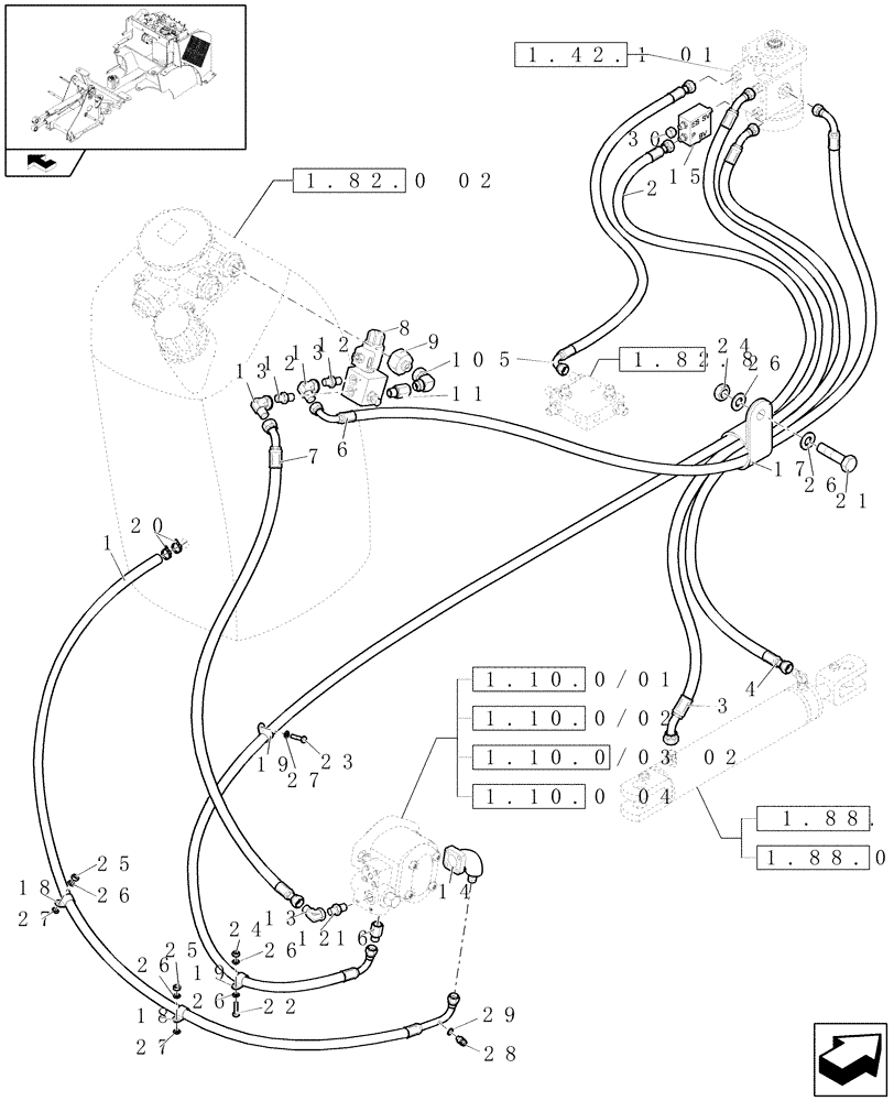 Схема запчастей Case 21E - (1.42.0) - STEERING SYSTEM LINES (04) - FRONT AXLE