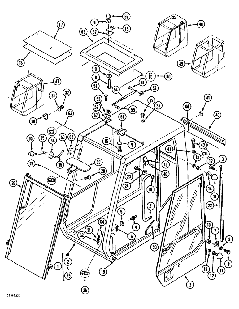 Схема запчастей Case 688BCK - (9E-22) - CAB - TRANSPARENT OPENING ROOF, 688B CK (120301-120387,120400,120401,120410) (05.1) - UPPERSTRUCTURE CHASSIS/ATTACHMENTS