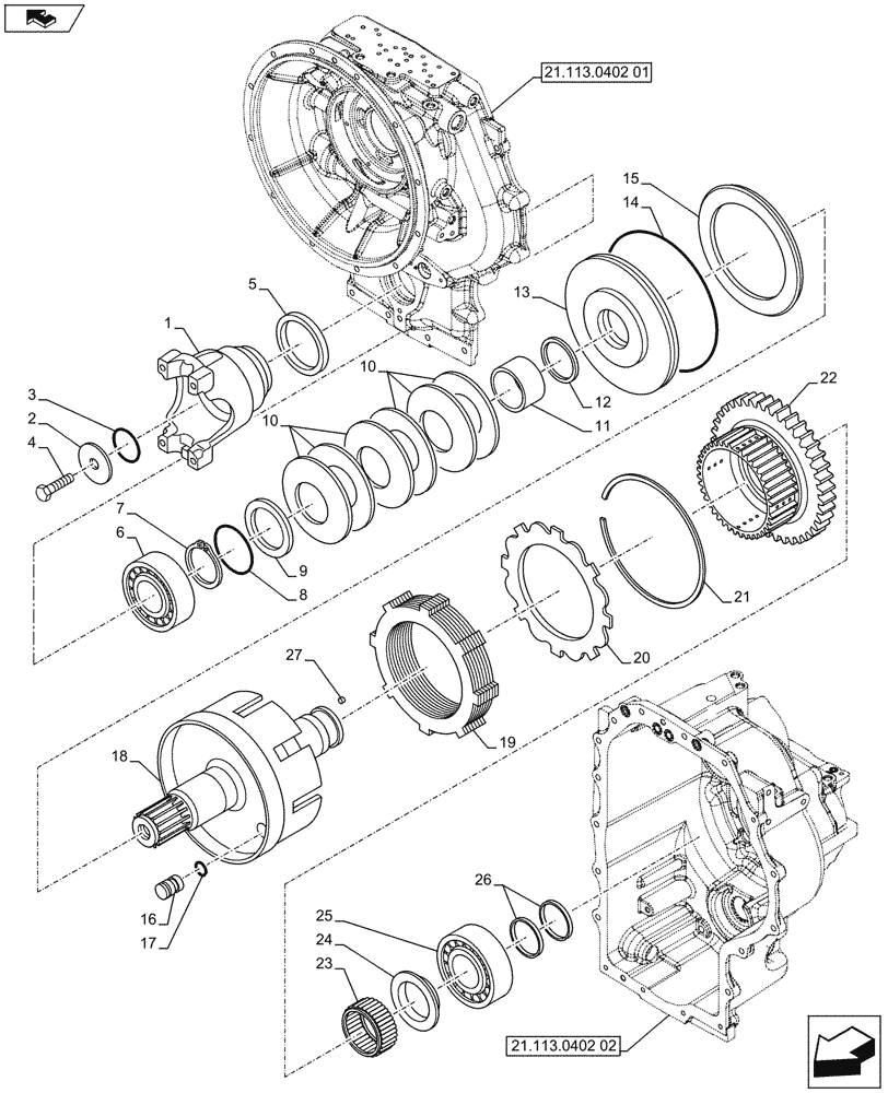 Схема запчастей Case 590SN - (21.155.16) - VAR - 423062 - TRANSMISSION POWERSHIFT H-TYPE - SHAFT, OUTPUT (21) - TRANSMISSION