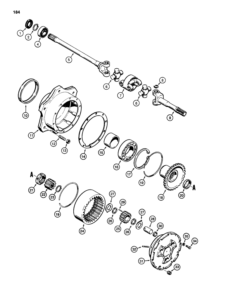 Схема запчастей Case 584D - (184) - REAR DRIVE AXLE, AXLE SHAFT AND PLANETARY, FOUR WHEEL DRIVE MODELS (27) - REAR AXLE SYSTEM