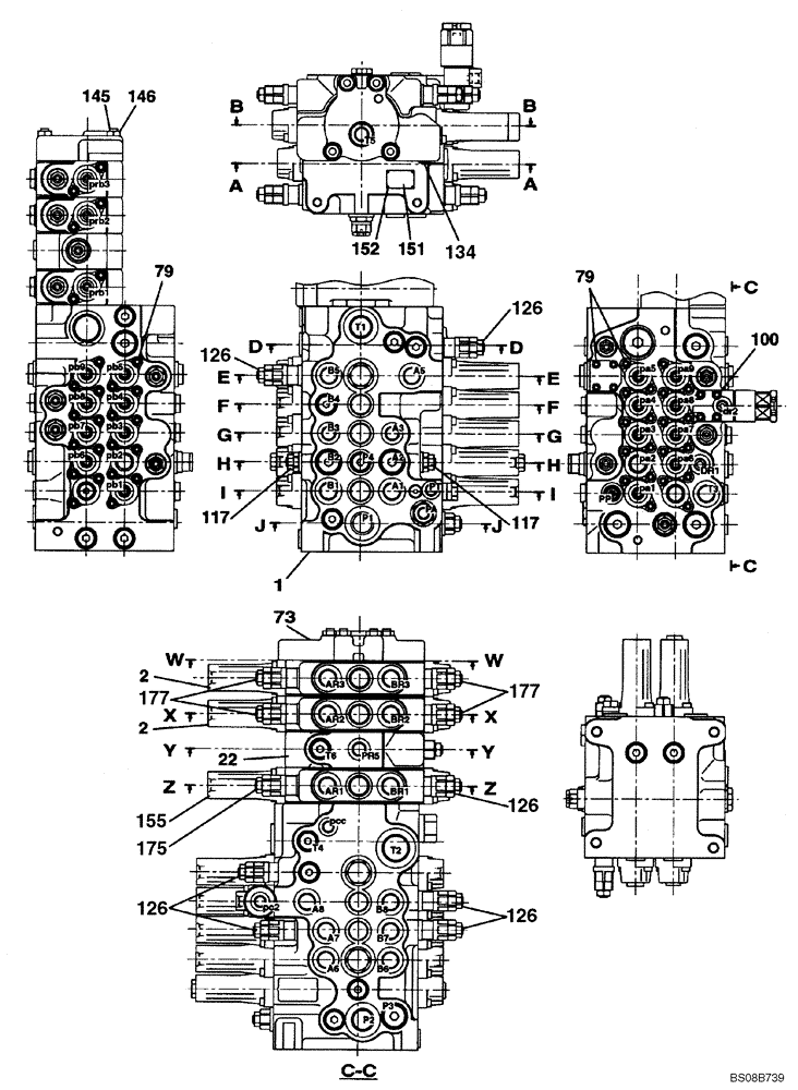 Схема запчастей Case CX80 - (08-60) - CONTROL VALVE - 2ND OPTION - (KAJ5077) 1 OF 8 (08) - HYDRAULICS