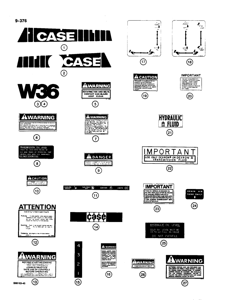 Схема запчастей Case W36 - (9-376) - DECALS (09) - CHASSIS/ATTACHMENTS