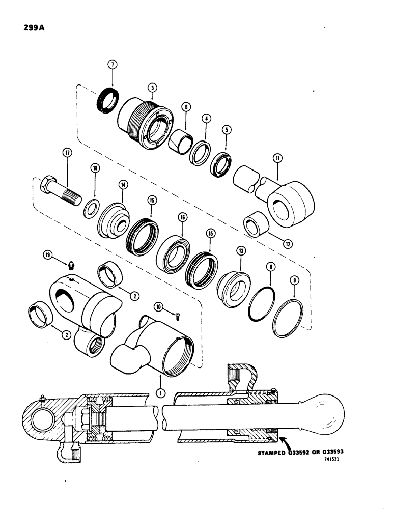 Схема запчастей Case W18 - (299A) - G33592 AND G33593 TILT CYLINDERS, GLAND WITH CENTER BEARING (08) - HYDRAULICS