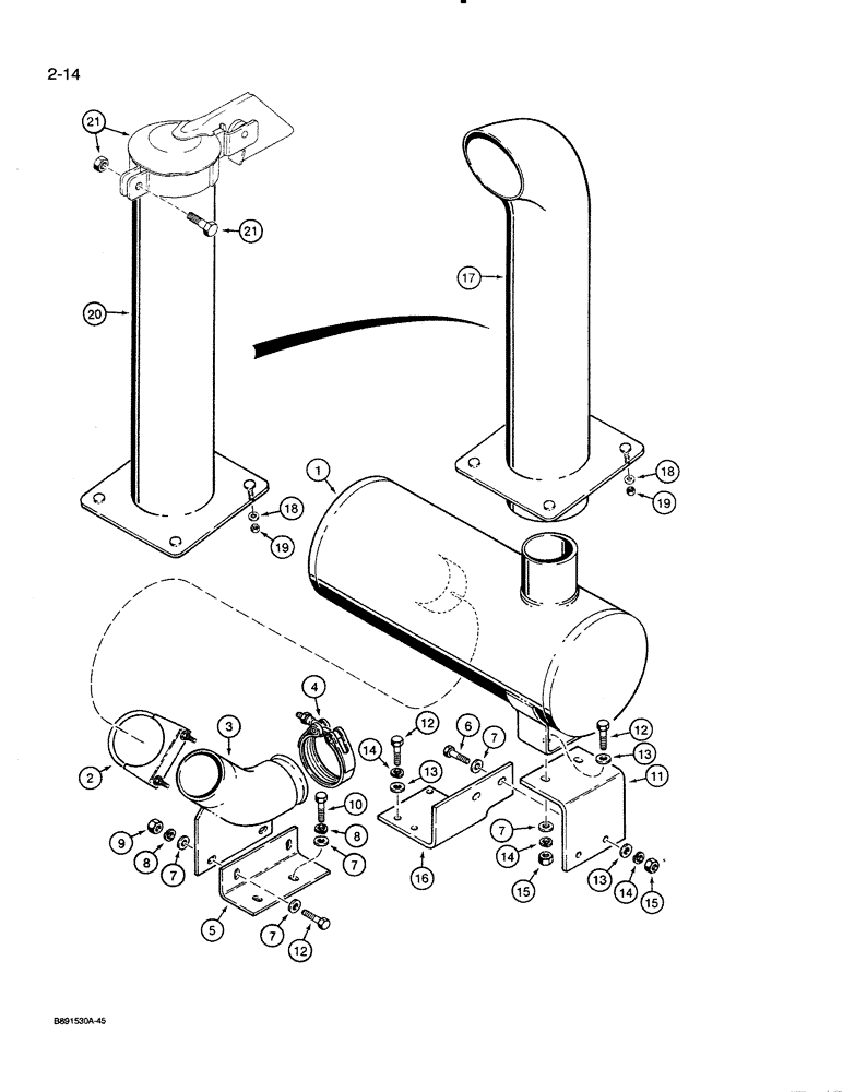 Схема запчастей Case 821 - (2-014) - MUFFLER AND EXHAUST SYSTEM (02) - ENGINE