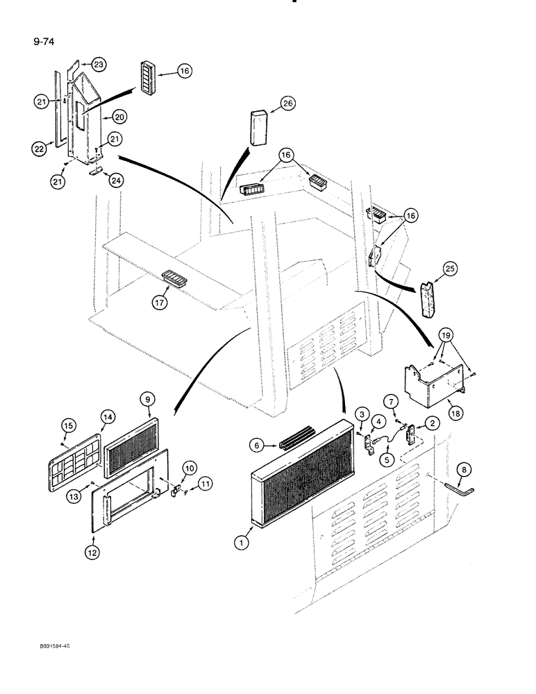 Схема запчастей Case 821 - (9-074) - CAB FILTERS, VENTS, AND LOUVERS, *CABS WITH SINGLE LOUVER AIR VENT (ITEM 20) (09) - CHASSIS/ATTACHMENTS