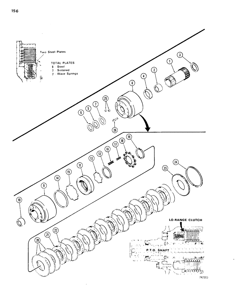 Схема запчастей Case 1150B - (156) - TRANSMISSION SUN GEAR AND LOW RANGE CLUTCH, G35200 & G100422 TRANS 7 PLATE CLUTCH W/ 9 STEEL PLATES (03) - TRANSMISSION