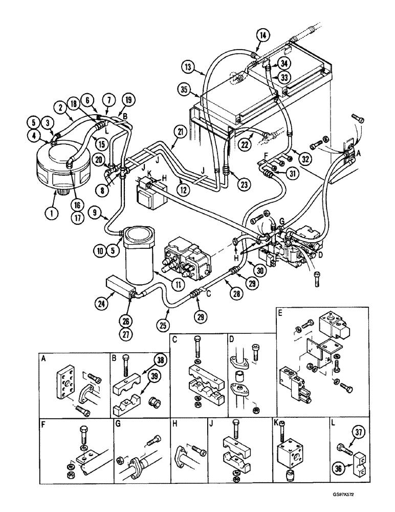 Схема запчастей Case 220B - (8-020) - HYDRAULIC CIRCUIT, RETURN LINES FROM VALVES, P.I.N. 74441 THROUGH 74569 (08) - HYDRAULICS