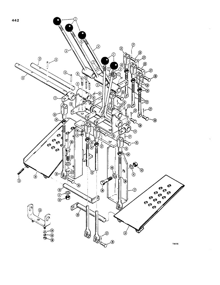 Схема запчастей Case 35 - (442) - SIDE SHIFT BACKHOE, CONTROL LEVERS AND SWING PEDAL LINKAGE *EARLY PRODUCTION 