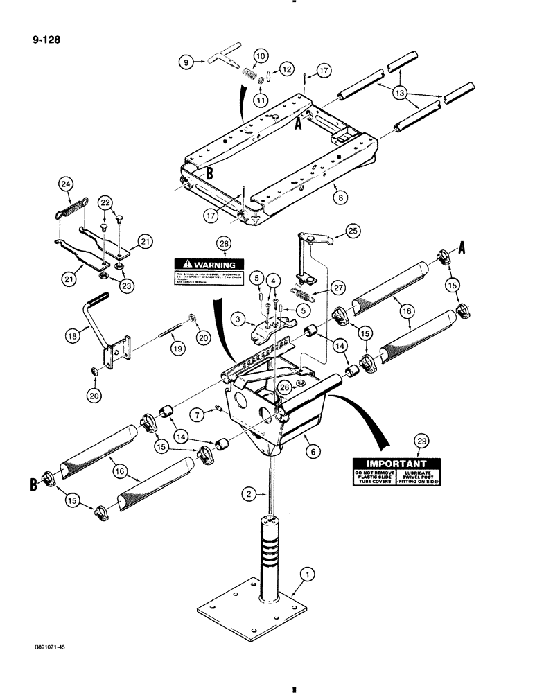 Схема запчастей Case 580K - (9-128) - STANDARD SEAT SUPPORT, WITH 3/8 INCH DIAMETER LATCH PIN LEVER (ITEM 25) (09) - CHASSIS/ATTACHMENTS