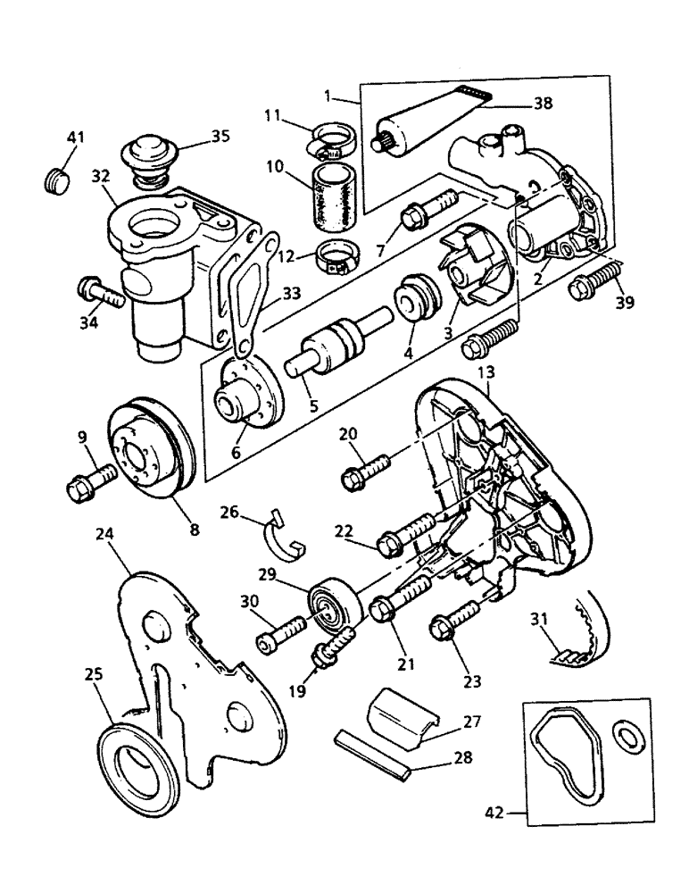 Схема запчастей Case 221B - (2-40) - WATER PUMP AND THERMOSTAT, 121B (DAH1215912-) / 221B (DAH2215913-) (02) - ENGINE